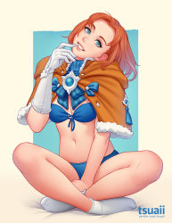 Rule 34 | 1girl, annette fantine dominic, bare legs, bikini, blue bikini, blue bow, blue eyes, bow, breasts, brown capelet, capelet, commentary, crossed legs, elbow gloves, english commentary, feet, fire emblem, fire emblem: three houses, full body, fur-trimmed capelet, fur trim, glove in mouth, gloves, highres, looking at viewer, medium breasts, mouth hold, navel, nintendo, no shoes, orange hair, parted lips, single glove, sitting, socks, solo, strapless, strapless bikini, swimsuit, tsuaii, white gloves, white socks