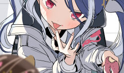 Rule 34 | 1girl, blue archive, blue hair, blurry, blurry foreground, blush, close-up, commentary, doughnut, fang, food, food on face, fubuki (blue archive), hair ribbon, jacket, licking, licking finger, multicolored hair, red eyes, ribbon, solo, streaked hair, swept bangs, symbol-only commentary, tongue, tongue out, tsukana (saba mizore), twintails, white hair, white jacket, white ribbon
