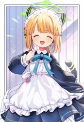 Rule 34 | 1girl, animal ear headphones, animal ears, apron, black dress, blonde hair, blue archive, blush, cat tail, closed eyes, dress, facing viewer, fake animal ears, frilled apron, frilled dress, frills, green halo, halo, headphones, highres, long sleeves, maid, maid apron, maid headdress, marekamico, midori (blue archive), midori (maid) (blue archive), official alternate costume, open mouth, puffy long sleeves, puffy sleeves, short hair, smile, solo, tail, white apron