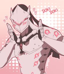 Rule 34 | 1boy, armor, artist name, blush, blush stickers, bodysuit, commentary, cyborg, flat color, genji (overwatch), gradient background, halftone, halftone background, hands on own cheeks, hands on own face, hands up, headband, heart, helmet, ladylillieath, looking at viewer, male focus, mask, overwatch, overwatch 1, power armor, solo, sparkle, spoken heart, upper body, veil