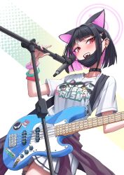 Rule 34 | 1girl, :d, animal ears, black hair, blue archive, blunt bangs, blush, bracelet, breasts, cat ears, choker, clothes around waist, earrings, electric guitar, fangs, guitar, hair ornament, hairclip, instrument, jewelry, kazusa (band) (blue archive), kazusa (blue archive), looking at viewer, mask, mask pull, microphone stand, mouth mask, multicolored hair, open mouth, pink hair, pleated skirt, red eyes, s.jeti, short hair, skirt, smile, solo, teeth, two-tone hair