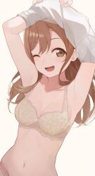 Rule 34 | 1girl, :d, armpits, bra, breasts, brown eyes, brown hair, cleavage, collarbone, commentary request, highres, hiroki (yyqw7151), kunikida hanamaru, looking at viewer, love live!, love live! sunshine!!, medium breasts, navel, one eye closed, open mouth, panties, smile, solo, underwear, undressing, white background