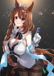 Rule 34 | 1girl, animal ears, black bow, black bowtie, black pantyhose, blue bow, blush, bow, bowtie, braid, breasts, brown hair, card, cleavage, commentary, detached collar, gloves, hair bow, hairband, holding, holding card, horse ears, horse girl, horse tail, horseshoe ornament, large breasts, leotard, long hair, looking at viewer, nontraditional playboy bunny, pantyhose, playboy bunny, signature, single braid, smile, solo, super creek (umamusume), tail, umamusume, white gloves, white hairband, youmou usagi