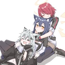 Rule 34 | 3girls, absurdres, animal ears, arknights, blush, english text, exusiai (arknights), closed eyes, fang, girl sandwich, halo, highres, hug, lappland (arknights), long hair, long sleeves, multiple girls, open mouth, profnote, red hair, sandwiched, shadow, short hair, short sleeves, silver hair, sitting, smile, texas (arknights), white background, wolf ears, yuri