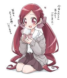 Rule 34 | 1girl, belt, blush, bow, brown bow, brown skirt, cardigan, coffee cup, collar, cup, disposable cup, frilled collar, frills, hanasaki tsubomi, heartcatch precure!, highres, long hair, minamito12, open cardigan, open clothes, open mouth, precure, red eyes, red hair, sitting, skirt, smile, solo, twintails