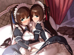 Rule 34 | 2girls, aoi tiduru, apron, ass, black dress, blush, breasts, brown hair, cameltoe, chain, checkered floor, cleavage, closed mouth, commentary request, cuffs, curtains, dress, frilled apron, frills, green eyes, hair between eyes, juliet sleeves, licking, licking finger, long hair, long sleeves, looking at viewer, maid, maid headdress, medium breasts, multiple girls, on bed, original, panties, panties under pantyhose, pantyhose, pillow, ponytail, puffy sleeves, ribbon-trimmed dress, shackles, smile, thighband pantyhose, tongue, tongue out, twintails, underwear, very long hair, white apron, white legwear