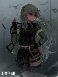 Rule 34 | 1girl, asymmetrical legwear, bad id, bad pixiv id, belt, belt buckle, bird, black gloves, black hairband, black ribbon, black shorts, black thighhighs, blurry, blurry background, blush, breasts, breath, buckle, bulletproof vest, character name, commentary, cowboy shot, depth of field, dokomon, feathers, fingerless gloves, girls&#039; frontline, gloves, green eyes, green hair, gun, h&amp;k ump, hair between eyes, hair ribbon, hairband, hand on belt, hand up, heckler &amp; koch, highres, holding, holding gun, holding weapon, holster, korean commentary, layered sleeves, long hair, long sleeves, looking away, looking to the side, medium breasts, midriff peek, one side up, outdoors, parted lips, pouch, ribbon, rope, short shorts, shorts, snowing, solo, star-shaped pupils, star (symbol), submachine gun, symbol-shaped pupils, thigh strap, thighhighs, ump40 (girls&#039; frontline), uneven legwear, very long hair, weapon, winter