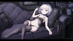 Rule 34 | 1girl, animal ears, babydoll, bad id, bad pixiv id, bare shoulders, black babydoll, black bow, black choker, black panties, black thighhighs, book, bow, bow bra, bow panties, bra, breasts, bug, butterfly, choker, couch, crossed legs, cushion, disdain, empty picture frame, fake animal ears, floral print, green eyes, heterochromia, insect, letterboxed, looking at viewer, lying, nail polish, navel, on back, on couch, original, pale skin, panties, picture frame, purple nails, red eyes, shiro yurine, short hair, small breasts, solo, thighhighs, underwear, white hair