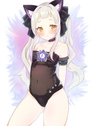 Rule 34 | 1girl, adapted costume, animal ear fluff, animal ears, arm garter, arms behind back, bad id, bad pixiv id, bare shoulders, black one-piece swimsuit, blunt bangs, blush, breasts, brooch, cat ears, check commentary, choker, collarbone, commentary request, contrapposto, covered navel, cowboy shot, embarrassed, frilled choker, frilled ribbon, frills, gothic lolita, groin, hair ribbon, highleg, highleg swimsuit, highres, hololive, jewelry, lolita fashion, long hair, murasaki shion, murasaki shion (gothic lolita), one-piece swimsuit, ribbon, school swimsuit, short eyebrows, sidelocks, silver hair, small breasts, solo, star (symbol), strapless, strapless one-piece swimsuit, swimsuit, thighs, twintails, virtual youtuber, yellow eyes, youyoukai