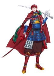 Rule 34 | 1boy, absurdres, armor, artist request, blue armor, check commentary, cloak, commentary request, dual wielding, earrings, gloves, gold earrings, highres, holding, holding weapon, japanese armor, japanese clothes, jewelry, male focus, red cloak, red eyes, red hair, samurai, star (symbol), sun symbol, sword, tagme, transparent background, weapon, white gloves, world flags