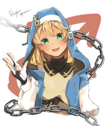 Rule 34 | 1boy, :d, absurdres, black gloves, blonde hair, blue jacket, bridget (guilty gear), chain, character signature, fingerless gloves, gloves, gorioshi0802, green eyes, guilty gear, guilty gear strive, highres, jacket, long hair, long sleeves, looking at viewer, open mouth, simple background, smile, solo, trap, upper body, white background
