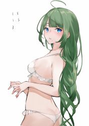 Rule 34 | 1girl, ahoge, ass, blue eyes, blush, bra, breasts, butt crack, completion time, cowboy shot, fingernails, from behind, green hair, highres, interlocked fingers, kantai collection, lingerie, long hair, looking at viewer, looking back, medium breasts, mole, mole under mouth, neko (ganecooo), own hands together, panties, parted lips, simple background, solo, standing, underwear, very long hair, white background, white bra, white panties, yuugumo (kancolle)