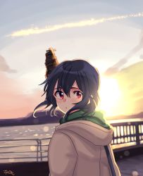 Rule 34 | 1girl, alternate costume, black hair, coat, from behind, gradient sky, hood, hooded coat, hoodie, kantai collection, looking back, mountain, ocean, railing, red eyes, sagamiso, short hair, signature, sky, solo, sun, sunset, upper body, yamashiro (kancolle)