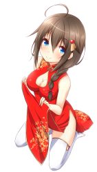 Rule 34 | 10s, 1girl, absurdres, ahoge, antenna hair, asymmetrical hair, bare shoulders, blue eyes, blush, braid, breasts, brown hair, china dress, chinese clothes, cleavage cutout, clothes lift, clothing cutout, colorized, derivative work, dress, dress lift, floral print, hair between eyes, hair ornament, hair over shoulder, highres, kantai collection, ki (kk-sk-ray), kneeling, large breasts, looking at viewer, md5 mismatch, saku (kudrove), shigure (kancolle), side braid, side slit, single braid, sitting, smile, solo, thighhighs, thighs, white thighhighs