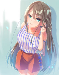 Rule 34 | 1girl, aqua background, aqua eyes, arm behind back, bare shoulders, blouse, braid, brown hair, closed mouth, collarbone, commentary request, cowboy shot, detached sleeves, finger to head, hair between eyes, hand in own hair, highres, lens flare, long hair, looking at viewer, original, red shorts, shadow, shirt, shorts, simple background, smile, striped clothes, striped shirt, swept bangs, thighs, utsunomiya ryo, vertical stripes, very long hair, wide sleeves