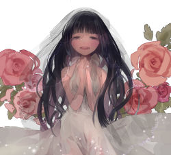 Rule 34 | 1girl, bare shoulders, black hair, blush, dress, flower, happy, long hair, mocco, open mouth, original, own hands clasped, own hands together, rose, solo, veil, wedding dress