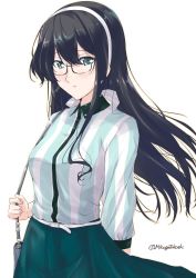 Rule 34 | 1girl, aqua eyes, arm behind back, bag, black-framed eyewear, black hair, blush, casual, commentary request, dress shirt, hairband, handbag, kantai collection, long hair, looking at viewer, mikage takashi, ooyodo (kancolle), open mouth, shirt, skirt, solo, striped, vertical stripes