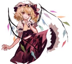 Rule 34 | 1girl, absurdres, ascot, bare arms, big hair, blonde hair, fangs, flandre scarlet, hat, highres, kaneblob, looking at viewer, mob cap, open mouth, puffy short sleeves, puffy sleeves, red eyes, red ribbon, red skirt, ribbon, short sleeves, simple background, sketch, skirt, skirt set, solo, touhou, unfinished, vest, white background, white hat, wings