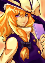 Rule 34 | 1girl, blonde hair, bow, buttons, cellphone, female focus, hair bow, hat, kirisame marisa, kosuke (gonzo 2010), lips, long hair, marker (medium), mixed media, orange hair, phone, purple eyes, smile, solo, touhou, traditional media, upper body, witch, witch hat