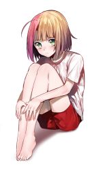 Rule 34 | 1boy, ahoge, androgynous, bad id, bad twitter id, barefoot, blonde hair, blush, erubo, feet, full body, hugging own legs, looking at viewer, male focus, multicolored hair, original, pink hair, shirt, short hair, shorts, simple background, sitting, solo, split-color hair, t-shirt, theodor bachstein, toes, trap, white background