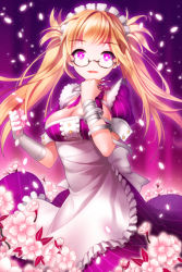 Rule 34 | 1girl, aile (crossroads), apron, bandages, blonde hair, bow, breasts, cleavage, clenched hands, dress, flower, frills, gardener maid, glasses, gloves, grin, holding, large breasts, long hair, lowres, maid, maid apron, maid headdress, open mouth, petals, pink eyes, smile, solo, striped, sword girls
