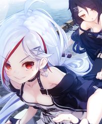 Rule 34 | 2girls, ahoge, azur lane, bandaid, bandaid on face, bandaid on nose, bare shoulders, black hair, black legwear, blush, breasts, cassin (azur lane), cassin (retrofit) (azur lane), cleavage, collarbone, downes (azur lane), downes (retrofit) (azur lane), eorx, fingerless gloves, gloves, hair ornament, hairclip, heterochromia, jewelry, long hair, looking at viewer, low ponytail, mole, mole under eye, multicolored hair, multiple girls, open mouth, red eyes, small breasts, smile, thighhighs, white hair, yellow eyes