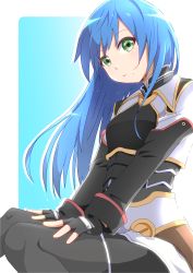 Rule 34 | 1girl, absurdres, black pantyhose, blue eyes, blue hair, breasts, closed mouth, fingerless gloves, gloves, green eyes, highres, long hair, looking at viewer, maria traydor, negimiso1989, pantyhose, skirt, smile, solo, star ocean, star ocean till the end of time