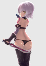 Rule 34 | 1girl, absurdres, arm belt, ass, back, bandaged arm, bandages, bare shoulders, black footwear, black panties, boots, butt crack, closed mouth, dagger, dual wielding, facial scar, fate/apocrypha, fate (series), gloves, green eyes, hair between eyes, highres, holding, holding dagger, holding knife, holding weapon, jack the ripper (fate/apocrypha), knife, koisuke, light purple hair, looking at viewer, looking back, panties, scar, scar across eye, scar on cheek, scar on face, short hair, shoulder tattoo, simple background, single glove, smile, solo, tattoo, thigh boots, thighhighs, thighs, underwear, weapon