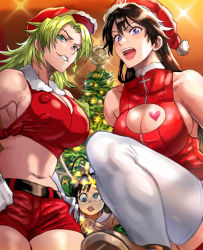 Rule 34 | 1boy, 2girls, androgynous, bambietta basterbine, black hair, bleach, bleach: sennen kessen-hen, blue eyes, breasts, candice catnipp, christmas, christmas tree, cleavage, cleavage cutout, clothing cutout, daraz, giselle gewelle, gloves, green eyes, green hair, hat, highres, large breasts, long hair, looking at viewer, multiple girls, open mouth, quincy (bleach), revealing clothes, short shorts, shorts, sideboob, smirk, stomach, thighhighs, white gloves