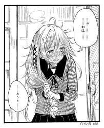 Rule 34 | 1girl, 1koma, ahoge, artist name, blush, comic, cowboy shot, crescent, crescent hair ornament, dated, embarrassed, full-face blush, greyscale, hair ornament, hatching (texture), holding, holding own hair, kantai collection, kawashina (momen silicon), long hair, looking at viewer, low-tied long hair, monochrome, pleated skirt, rabbit hair ornament, school uniform, serafuku, skirt, solo, steam, uzuki (kancolle)