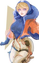 Rule 34 | 1girl, absurdres, animification, apex legends, blonde hair, blue bodysuit, blue gloves, blue headwear, bodysuit, breasts, cable, clenched hands, facial scar, gloves, highres, hood, hooded jacket, jacket, medium breasts, mozu (kingkingg), orange jacket, ribbed bodysuit, scar, scar on cheek, scar on face, sketch, solo, wattson (apex legends), white background, white bodysuit