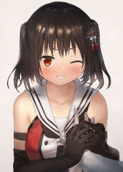 Rule 34 | 1girl, black gloves, black hair, black neckerchief, blush, grabbing another&#039;s breast, breasts, brown eyes, collarbone, commission, elbow gloves, gloves, grabbing, grey background, grin, guided breast grab, guiding hand, hair between eyes, kantai collection, medium breasts, neckerchief, one eye closed, pixiv commission, sailor collar, school uniform, sendai (kancolle), sendai kai ni (kancolle), serafuku, short hair, smile, solo focus, toka (marchlizard), two side up, upper body, white sailor collar
