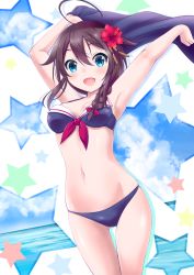 Rule 34 | 1girl, :d, ahoge, armpits, arms up, bare arms, bare shoulders, bikini, black bikini, blue eyes, blue sky, blush, braid, breasts, brown hair, cleavage, cloud, commentary request, day, flower, front-tie bikini top, front-tie top, hair between eyes, hair flaps, hair flower, hair ornament, highres, holding, horizon, kantai collection, long hair, looking at viewer, navel, neko danshaku, ocean, open mouth, red flower, shigure (kancolle), shigure kai ni (kancolle), side braid, single braid, sky, smile, solo, star (symbol), star in eye, swimsuit, symbol in eye, water, white background