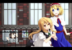 Rule 34 | 2girls, ad, alice margatroid, apron, bent over, black skirt, black vest, blonde hair, blue dress, blue eyes, blush, braid, brick, brown eyes, building, capelet, child&#039;s drawing, cirno, collared shirt, daiyousei, day, dendenmushi, dress, fence, hair between eyes, hairband, highres, holding another&#039;s arm, holding own arm, kirisame marisa, letterboxed, long hair, long skirt, multiple girls, no headwear, open mouth, poster (object), ribbon, shameimaru aya, shirt, short hair, single braid, skirt, sunlight, touhou, vest