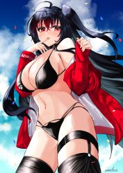 Rule 34 | 1girl, amadarel, artist name, azur lane, bad id, bad pixiv id, bikini, black bikini, black choker, black hair, breasts, choker, cleavage, crossed bangs, eyewear on head, finger to mouth, from below, jacket, large breasts, long hair, looking at viewer, looking down, multi-strapped bikini bottom, multiple straps, official alternate costume, open clothes, open jacket, race queen, red eyes, red jacket, solo, swimsuit, taihou (azur lane), taihou (enraptured companion) (azur lane), thigh strap