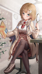 Rule 34 | 1girl, aqua eyes, blonde hair, blue eyes, blush, breasts, brown footwear, brown thighhighs, chair, coat, collared shirt, crossed legs, cup, dress shirt, gawr gura, hair ornament, high-waist skirt, highres, hololive, hololive english, indoors, looking at viewer, magnifying glass, medium breasts, medium hair, necktie, office chair, on chair, plaid, plaid skirt, red necktie, shirt, silvertsuki, sitting, skirt, smile, solo, stethoscope, swivel chair, teacup, thigh strap, thighhighs, thighs, virtual youtuber, watson amelia, white shirt, wing collar
