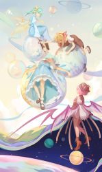 Rule 34 | 4girls, :d, absurdres, bird wings, black dress, black footwear, blonde hair, blue bow, blue dress, blue hair, boots, bow, bow hairband, bowtie, brown dress, brown footwear, brown headwear, bubble, cirno, closed mouth, cross-laced footwear, daiyousei, dress, facepaint, fairy wings, feathered wings, frilled bow, frills, green eyes, green hair, hair bow, hair ribbon, hairband, hat, highres, holding, holding paintbrush, ice, ice wings, juliet sleeves, loafers, long hair, long sleeves, looking at another, mary janes, multiple girls, mystia lorelei, neck ribbon, necktie, night, night sky, open mouth, paintbrush, pink eyes, pink hair, planet, ponytail, puffy short sleeves, puffy sleeves, red bow, red bowtie, red eyes, red hairband, red ribbon, ribbon, rlonely zhuazi, rumia, saliva, shirt, shoes, short hair, short sleeves, sky, smile, socks, team 9 (touhou), touhou, white shirt, white socks, wide sleeves, winged hat, wings, yellow bow, yellow necktie