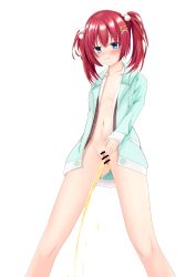 Rule 34 | 1girl, absurdres, bar censor, blue eyes, blush, bottomless, censored, clover print, collarbone, green hoodie, hair bobbles, hair ornament, hairclip, highres, hood, hoodie, long hair, long sleeves, looking down, mibu chisaki, navel, open clothes, open hoodie, peeing, print hoodie, pussy, red hair, riddle joker, shino (pixiv7784246), solo, spread pussy, standing, twintails, white background, x hair ornament