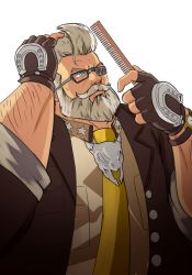 Rule 34 | 1boy, absurdres, arc system works, blue eyes, brushing hair, comb, eyepatch, facial hair, goldlewis dickinson, guilty gear, guilty gear strive, highres, male focus, necktie, portrait, short hair, silver hair, simple background, solo, user yjrv3887, white background