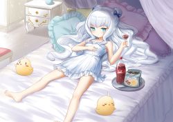 Rule 34 | + +, 1girl, azur lane, bad id, bad pixiv id, bare arms, bare legs, bare shoulders, barefoot, bed, bed sheet, blue bow, blue eyes, bow, canopy bed, cola, collarbone, commentary request, cup, double bun, dress, drinking glass, flat chest, hair bow, hair bun, indoors, jitome, kiki-yu, le malin (azur lane), le malin (sleepy sunday) (azur lane), long hair, lying, manjuu (azur lane), on back, on bed, oreo, pillow, sidelocks, silver hair, sleeveless, sleeveless dress, solo, sundress, tray, very long hair, wavy hair, white dress, wine glass