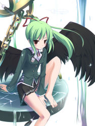 1girl barefoot blush chain feathers feet female_focus green_hair masaki_(machisora) original ponytail school_uniform sitting skirt solo wings