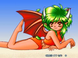 Rule 34 | 1girl, artist request, barefoot, china dress, chinese clothes, draco centauros, dragon girl, dragon tail, dragon wings, dress, elbow gloves, fang, gloves, green hair, horns, looking at viewer, madou monogatari, monster girl, pointy ears, puyopuyo, red dress, sega, smile, tail, wings, yellow eyes