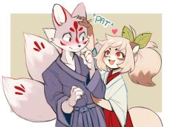 Rule 34 | 1boy, 1girl, :3, :d, animal ears, blush, boko (sui (suizilla)), closed mouth, fang, fox ears, fox tail, furry, furry female, furry male, hair ornament, hakama, headpat, heart, hetero, highres, japanese clothes, kimono, leaf hair ornament, long sleeves, multiple tails, open mouth, original, ponytail, raccoon ears, red hakama, smile, sui (suizilla), tail, tamiko (sui (suizilla)), wide sleeves