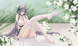 Rule 34 | 1girl, absurdres, alternate costume, animal ears, ass, august von parseval (azur lane), august von parseval (the conquered unhulde) (azur lane), azur lane, bare shoulders, black hair, blush, breasts, center opening, cleavage, clothes lift, clothes pull, clothing cutout, curled horns, dress, feet, flower, garter belt, grass, hair ornament, hair over one eye, headdress, headwear request, highres, horns, ichikushi mojibake, large breasts, leg up, lingerie, long hair, looking at viewer, mechanical horns, no bra, no panties, no shoes, official alternate costume, one eye covered, plant, purple eyes, purple hair, pussy, sitting, skirt, skirt lift, skirt pull, sleeveless, sleeveless dress, soles, solo, thighhighs, thighs, toes, two-tone dress, underwear, very long hair, white dress, white flower, white thighhighs