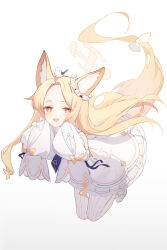 Rule 34 | 1girl, absurdres, animal, animal ears, animal on head, bird, bird on head, blonde hair, blue archive, blush, detached sleeves, dress, fox ears, fox tail, full body, halo, highres, long hair, looking at viewer, on head, open mouth, pantyhose, rika (mikunopantsu), seia (blue archive), shoes, simple background, sleeves past fingers, sleeves past wrists, smile, solo, striped clothes, striped pantyhose, tail, vertical-striped clothes, vertical-striped pantyhose, very long hair, white background, white bird, white dress, white footwear, white pantyhose, yellow eyes, yellow halo
