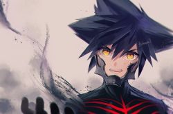 Rule 34 | 1boy, artist name, black bodysuit, black gloves, black hair, bodysuit, gloves, grey background, hair between eyes, helmet, kingdom hearts, kingdom hearts birth by sleep, looking at viewer, lower teeth only, male focus, mask, open mouth, orange eyes, outstretched arm, short hair, smoke, solo, spiked hair, teeth, upper body, upper teeth only, vanitas (kingdom hearts), xpo917