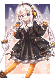 Rule 34 | 1girl, :d, ahoge, bad id, bad pixiv id, black bow, black dress, black footwear, black jacket, blue eyes, blush, boots, bow, braid, collared dress, dress, eighth note, fingerless gloves, gloves, hair between eyes, highres, holding, holding microphone, jacket, kizuna akari, long hair, long sleeves, looking at viewer, low twintails, microphone, musical note, open clothes, open jacket, open mouth, orange gloves, orange pantyhose, pantyhose, puffy long sleeves, puffy sleeves, silver hair, sleeves past wrists, smile, solo, star (symbol), striped bow, striped clothes, striped gloves, striped pantyhose, teeth, twin braids, twintails, upper teeth only, vertical-striped clothes, vertical-striped gloves, vertical-striped pantyhose, very long hair, vocaloid, voiceroid, waste (arkaura)