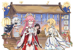 Rule 34 | 4girls, :t, animal ears, bare shoulders, blonde hair, border, bowl, bracer, cape, detached sleeves, dress, earrings, eating, facing another, festival, floating, floating lights, floppy ears, food, food stand, fox ears, genshin impact, halo, happy, highres, holding, holding bowl, japanese clothes, jewelry, kimono, lantern, lantern festival, long hair, looking at another, lumine (genshin impact), mechanical halo, multiple girls, nontraditional miko, outdoors, outside border, paimon (genshin impact), paper lantern, pink hair, romper, short hair with long locks, sky, sky lantern, smile, sparkle, standing, very long hair, white border, white hair, wide sleeves, xiang wan wei wan, yae miko