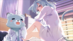 Rule 34 | 1girl, animal, animal ears, blue hair, breasts, cat, cat ears, cat girl, cat tail, grey hair, highres, indoors, light blue hair, long sleeves, looking at animal, looking at viewer, medium breasts, medium hair, naked shirt, no pants, original, sch, see-through silhouette, shirt, tail, twilight, white shirt, window