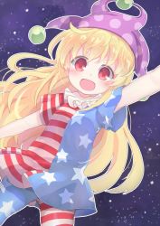 Rule 34 | 1girl, :d, american flag dress, american flag legwear, arm up, blonde hair, blush, clownpiece, commentary request, hand up, hat, highres, jester cap, kibisake, looking at viewer, neck ruff, open mouth, polka dot headwear, purple hat, red eyes, short sleeves, sky, smile, solo, star (sky), star (symbol), starry sky, touhou